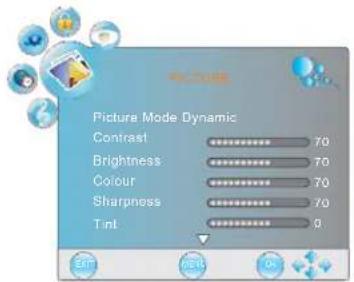 Picture Mode Dynamic Contrast 70 Brightness 70 Colour 70 Sharpness 70 Tint 9