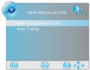 NEW INSTALLATION Menu Language English Auto Tuning EXIT MENI EX