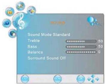 sound Sound Mode Standard Treble 50 Bass 50 Balance 0 Surround Sound Off