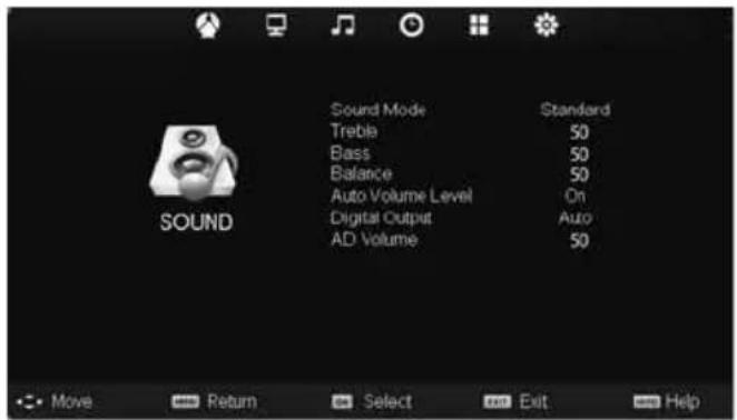 Sound Mode Treble Bass Balance Auto Volume Level Digital Output AD Volume Standard 50 50 50 On Auto 50 Move Return Select Exit Help