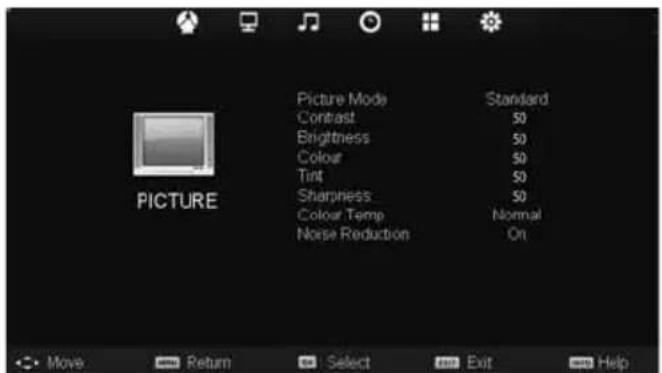 Picture Mode Contrast Brightness Colour Tint Sharpness Colour Temp Noise Reduction Standard 50 50 50 Normal On Picture Move Return Select Exit Help