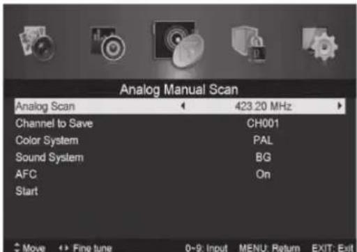 Analog Manual Scan Analog Scan 423.20 MHz Channel to Save CH001 Color System PAL Sound System BG AFC On Start Move Fine tune 0-9: Input MENU: Return EXIT: Exit