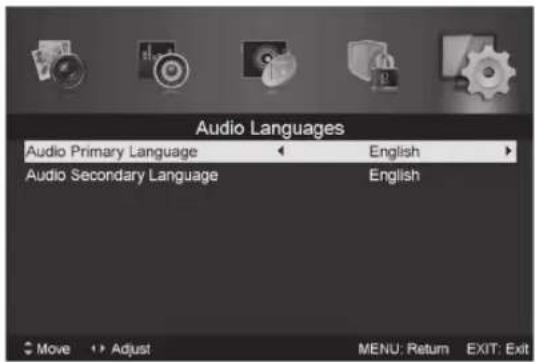 Audio Languages Audio Primary Language ← English → Audio Secondary Language English Move ↑ Adjust MENU: Return EXIT: Exit