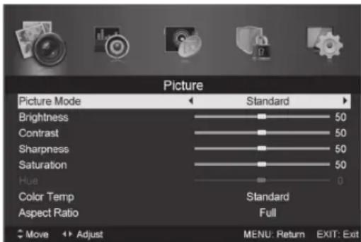 Picture Picture Mode Standard Brightness 50 Contrast 50 Sharpness 50 Saturation 50 Hue 0 Color Temp Standard Aspect Ratio Full Move Adjust MENU: Return EXIT: Exit