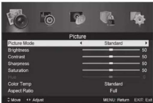 Picture Picture Mode Standard Brightness 50 Contrast 50 Sharpness 50 Saturation 50 Hue 0 Color Temp Standard Aspect Ratio Full Move Adjust MENU: Return EXIT: Exit