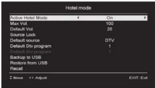 Hotel mode Active Hotel Mode On Max Vol. 100 Default Vol. 20 Source Lock Default source DTV Default Dtv program 1 Default Adv program 1 Backup to USB Restore from USB Recall Move Adjust EXIT: Exit