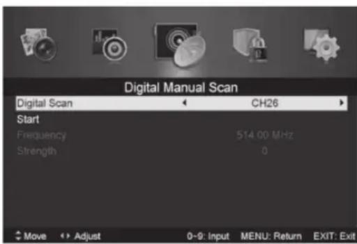 Digital Manual Scan Digital Scan ← CH26 > Start Frequency 514.00 MHz Strength 0 Move Adjust 0-9: Input MENU: Return EXIT: Exit