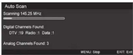 Auto Scan Scanning 145.25 MHz Digital Channels Found: DTV :19 Radio :1 Data :1 Analog Channels Found: 3 MENU: Stop EXIT: Exit