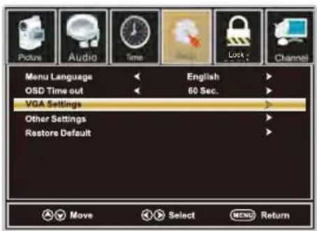 Menu Language OSD Time out VGA Settings Other Settings Restore Default English 60 Sec. Move Select MENU Return