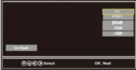 AV YPDP: HDMI VGA USB Go Back Select OK: Next