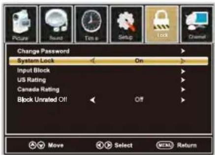 Change Password System Lock On Input Block US Rating Canada Rating Block Unrated Off Off Move Select MENU Return