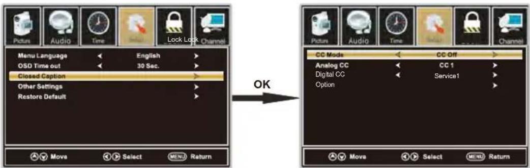 Picture Audio Time Lock Lock Channel Menu Language English OSD Time out 30 Sec. Closed Caption Other Settings Restore Default OK Move Select MENU Return Picture Audio Time Lock Lock Channel CC Mode CC Off Analog CC CC 1 Digital CC Service1 Option Move Select MENU Return