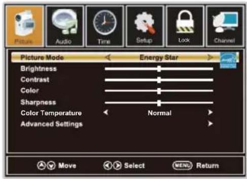 Picture Mode Brightness Contrast Color Sharpness Color Temperature Advanced Settings Energy Star Normal Move Select MENU Return