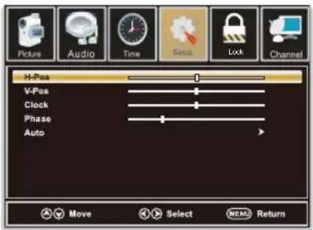 Picture Audio Time Setup Lock Channel H-Pos V-Pos Clock Phase Auto Move Select MENU Return