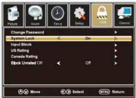 Change Password System Lock Input Block US Rating Canada Rating Block Unrated Off On Off Move Select MENU Return