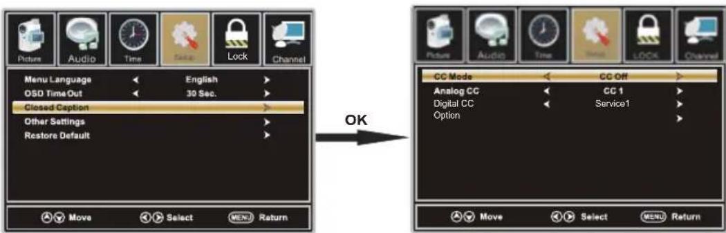 Picture Audio Time Save Lock Channel Menu Language English OSD TimeOut 30 Sec. Closed Caption Other Settings Restore Default OK Move Select MENU Return CC Mode CC Off Analog CC CC 1 Digital CC Service1 Option Move Select MENU Return