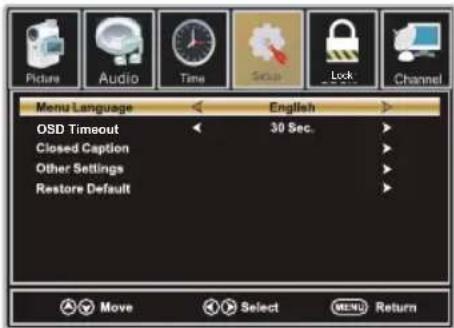Picture Audio Time Setup Lock Channel Menu Language English OSD Timeout 30 Sec. Closed Caption Other Settings Restore Default Move Select MENU Return