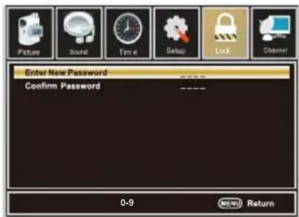 Picture Sound Time Setup Lock Channel Enter New Password Confirm Password 0-9 MENU Return