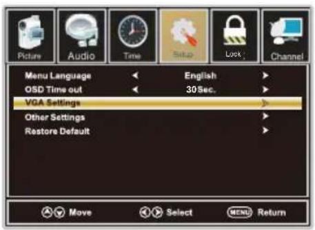 Picture Audio Time Setup Lock Channel Menu Language English OSD Time out 30 Sec. VGA Settings Other Settings Restore Default Move Select MENU Return