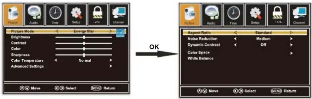 Picture Audio Time Setup Lock Channel Picture Mode Energy Star Brightness Contrast Color Sharpness Color Temperature Normal Advanced Settings Move Select MENU Return OK Aspect Ratio Standard Noise Reduction Medium Dynamic Contrast Off Color Space White Balance Move Select MENU Return
