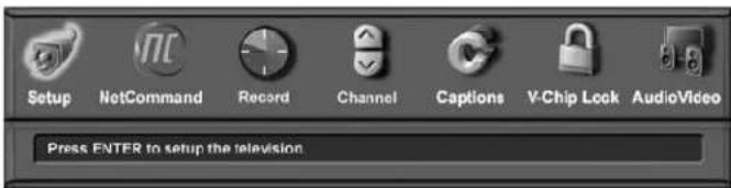 Setup NetCommand Record Channel Captions V-Chip Lock AudioVideo Press ENTER to setup the television.