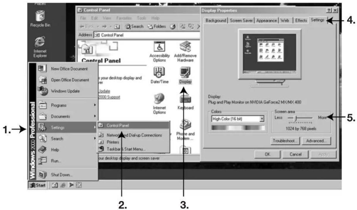 Control Panel File Edit View Favorites Tools Help Back Search Folders Address Control Panel Control Panel New Office Document Open Office Document Windows Update Programs Documents Settings Search Help Run... Shut Down... Start Display Properties Background Screen Saver Appearance Web Effects Settings 1. → Windows 2000 Professional Accessibility Options Add/Remove Hardware is your desktop display and ver Update 2000 Support Date/Time Display Internet Options Keyboard Internet Options Display: Plug and Play Monitor on NVIDIA GeForce2 MX/MX 400 Colors High Color (16 bit) Screen area Less More 1024 by 768 pixels Troubleshoot Advanced... OK Cancel Apply 2. 3. 5.