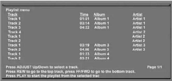 Playlist menu Track Time Album Artist Track 1 01:51 Album 1 Artist 1 Track 2 03:14 Album 1 Artist 1 Track 3 04:22 Album 1 Artist 1 Track 4 Artist 2 Track 1 Artist 2 Track 2 Artist 2 Track 1 03:19 Album 3 Artist 3 Track 2 04:56 Album 3 Artist 3 Track 1 01:23 Album 4 Track 2 03:21 Album 4 Press ADJUST Up/Down to select a track. Page 1/1 Press REW to go to the top track, press FF/FWD to go to the bottom track. Press PLAY to start the playlist from the selected trac