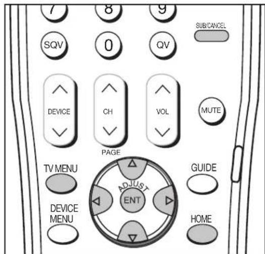 7 8 9 SQV 0 QV SUBCANCEL DEVICE CH VOL MUTE PAGE TV MENU ADJUST ENT GUIDE DEVICE MENU HOME