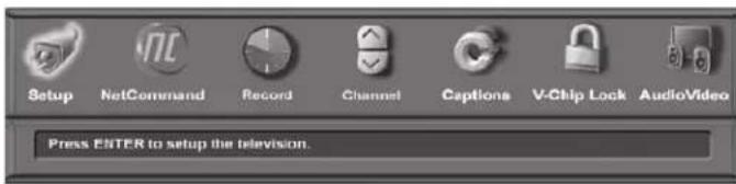 Setup NetCommand Record Channel Captions V-Chip Lock AudioVideo Press ENTER to setup the television.