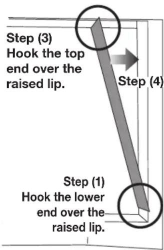 Step (3) Hook the top end over the raised lip. Step (4) Step (1) Hook the lower end over the raised lip.