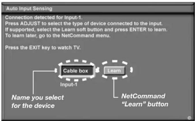 Auto Input Sensing Connection detected for Input-1. Press ADJUST to select the type of device connected to the input. If supported, select the Learn soft button and press ENTER to learn. To learn later, go to the NetCommand menu. Press the EXIT key to watch TV. Cable box Input-1 Name you select for the device Learn NetCommand "Learn" button