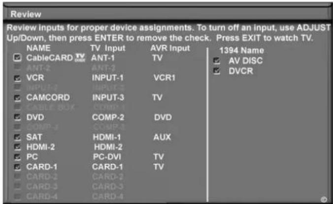 Review Review inputs for proper device assignments. To turn off an input, use ADJUST Up/Down, then press ENTER to remove the check. Press EXIT to watch TV. NAME TV Input AVR Input 1394 Name CableCARD TV ANT-1 TV AV DISC ANT-2 ANT-2 DVCR VCR INPUT-1 VCR1 INPUT-2 INPUT-3 CAMCORD INPUT-3 TV CABLE BOX COMP-1 DVD COMP-2 DVD COMP-3 COMP-3 SAT HDMI-1 AUX HDMI-2 HDMI-2 PC PC-DVI TV CARD-1 CARD-1 TV CARD-2 CARD-2 CARD-3 CARD-3 CARD-4 CARD-4