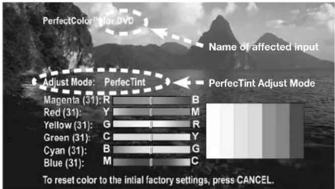 PerfectColor® for DVD Name of affected input Adjust Mode: PerfectTint PerfectTint Adjust Mode Magenta (31): R B Red (31): Y M Yellow (31): G R Green (31): C Y Cyan (31): B G Blue (31): M C To reset color to the initial factory settings, press CANCEL.