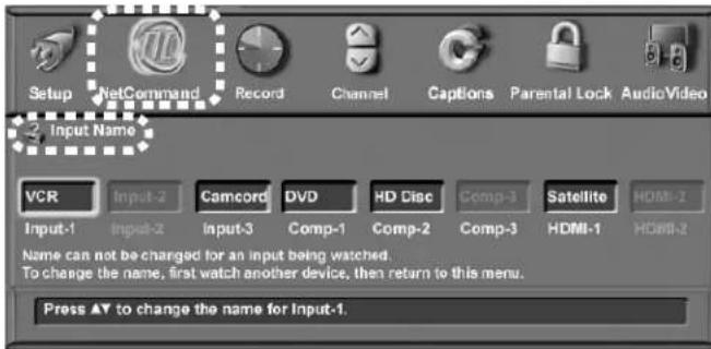 Setup NetCommand Record Channel Captions Parental Lock AudioVideo Input Name VCR Input-2 Camcord DVD HD Disc Comp-3 Satellite HDMI-1 Input-1 Input-2 Input-3 Comp-1 Comp-2 Comp-3 HDMI-1 HDMI-2 Name can not be charged for an input being watched. To change the name, first watch another device, then return to this menu. Press ▼ to change the name for Input-1.