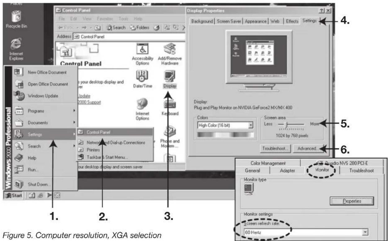 Control Panel File Edit View Favorites Tools Help Back Search Folders Address Control Panel Control Panel Accessibility Options Add/Remove Hardware New Office Document Open Office Document Windows Update Programs Documents Settings Search Help Run... Shut Down... 1. 2. 3. Display Properties Background Screen Saver Appearance Web Effects Settings 1:2 Date/Time Display Update 2000 Support Internet Options Keyboard Control Panel Network and Dial-up Connections Printers Taskbar Start Menu... Our desktop display and screen saver Display: Plug and Play Monitor on NVIDIA GeForce2 MX/MX 400 Colors High Color (16 bit) Screen area Less More 1024 by 768 pixels Troubleshoot Advanced... 5. 6. Figure 5. Computer resolution, XGA selection