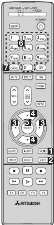 CABLESAT...VCA...DVD TV1...F:AUDIO POWER SLEEP 1 2 ABC 3 DEF 4 GHI 5 JL 6 MIND 7 FORS 8 TIN 9 AWZ 7 CANCEL 0 QV MUTE SPLIT FAV VOL CH RACE FORME INPUT 3 4 5 ENTER 3 GUIDE AUDIO MENU. INFO VIDEO EXIT MITSUBISHI