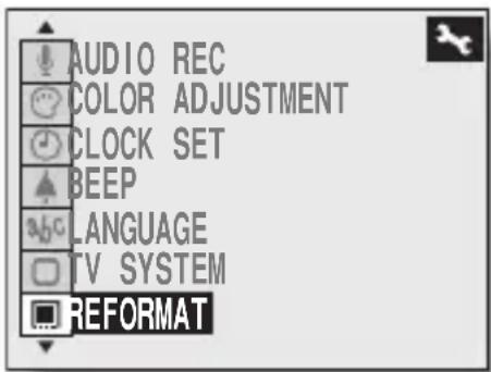 AUDIO REC COLOR ADJUSTMENT CLOCK SET BEEP LANGUAGE TV SYSTEM REFORMAT