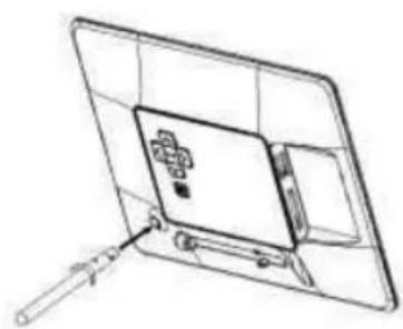 Line drawing of a tablet device with a screen and stand, no text or symbols present