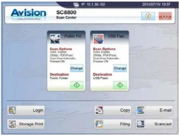 Avision SC8800 Scan Center Public Fol... Scan Options Color, Duplex 200dpi, PDF(Pure) Scan Area Automatic Preview ON Change Destination Public Folder USB Flash... Scan Options Color, Duplex 200dpi, PDF(Pure) Scan Area Automatic Preview ON Change Destination USB Flash Login Copy E-mail Storage Print…