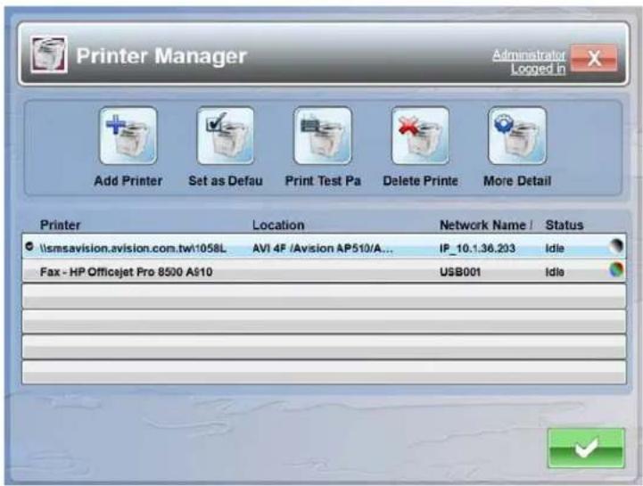 Printer Manager Administrator Looped In Add Printer Set as Defau Print Test Pa Delete Printe More Detail Printer Location Network Name / Status lsmsavision.avision.com.tw1058L AVI 4F /Avision AP510/A... IP_10.1.36.203 Idle Fax - HP Officejet Pro 8500 A910 USB001 Idle