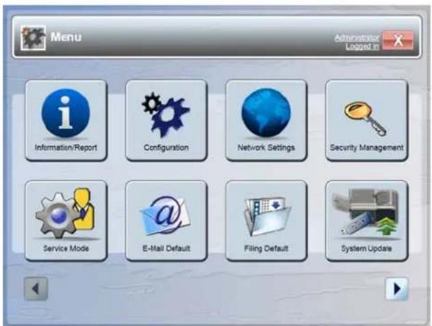 Menu Administrator Logged in Information/Report Configuration Network Settings Security Management Service Mode E-Mail Default Filing Default System Update