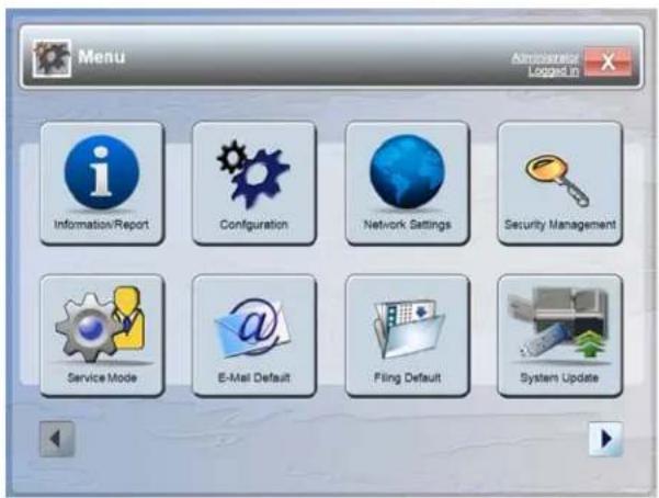 Menu Administrator Logged in Information/Report Configuration Network Settings Security Management Service Mode E-Mail Default Fling Default System Update