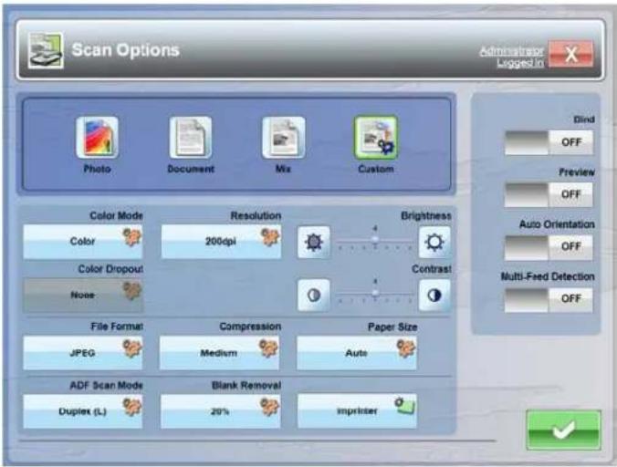 Scan Options Administrator Logged in Photo Document Mix Custom Color Mode Color Resolution 200dpi Brightness Color Dropout Noise Contrast Auto Orientation OFF Multi-Feed Detection OFF File Format JPEG Compression Medium Paper Size Auto ADF Scan Mode Duplex (L) Blank Removal 20% Imprinter Blind OFF P…