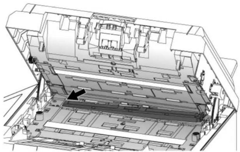 Technical line drawing of a mechanical assembly with internal components and a black arrow indicating a specific part (no text or symbols present)