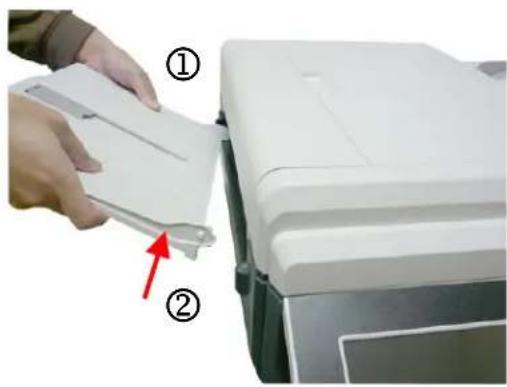 Instructional diagram showing a hand holding a printer with labeled parts (① and ②) and a red arrow pointing to the printer's tip.