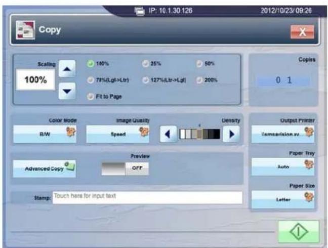 Copy 100% Scaling 100% 25% 50% 78%(Lgt->Ltr) 127%(Ltr->Lgt) 200% Fit to Page Copies 0 1 Color Mode Image Quality Density B/W Speed Output Printer Itemsavision.vy Preview Advanced Copy OFF Paper Tray Auto Paper Size Letter Stamp: Touch here for input text
