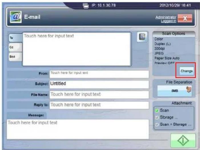 E-mail IP: 10.1.30.78 2012/10/29/ 16:41 Administrator Logeditin To Cc Bcc Touch here for input text Scan Options Color Duplex (L) 200dpi JPEG Paper Size Auto Preview OFF Change From: Touch here for input text Subject: Untitled File Name: Touch here for input text Reply to: Touch here for input text…