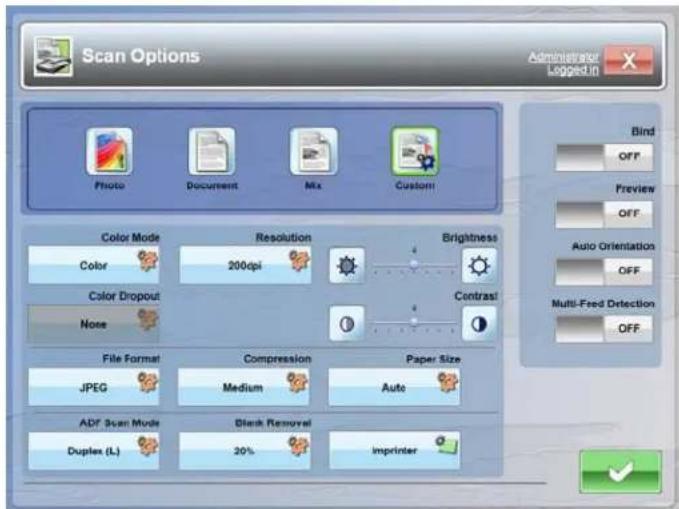 Scan Options Administrator logged.in Photo Document Mix Custom Color Mode Color Resolution 200dpi Brightness Color Dropout Noise Contrast File Format JPEG Compression Medium Auto Paper Size ADF Scan Mode Duplex (L) Blank Removal 30% Imprinter Bind OFF Preview OFF Auto Orientation OFF Multi-Feed Dete…