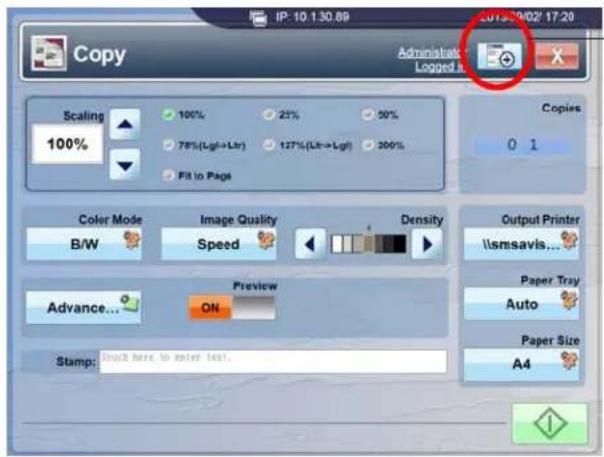 Copy 100% Scaling 100% 25% 50% 78%(Lgt→Lbr) 127%(Lbr→Lgt) 200% Fit to Page Copies 0 1 Color Mode Image Quality Density B/W Speed Output Printer \\lmsavis... Preview Advance... ON Paper Tray Auto Paper Size A4 Stamp: Back here to enter text.