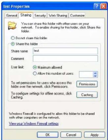 Test Properties General Sharing Security Web Sharing Customize You can share this folder with other users on your network. To enable sharing for this folder, click Share this folder. Do not share this folder Share this folder Share name test Comment User limit: Maximum allowed Allow this number of u…